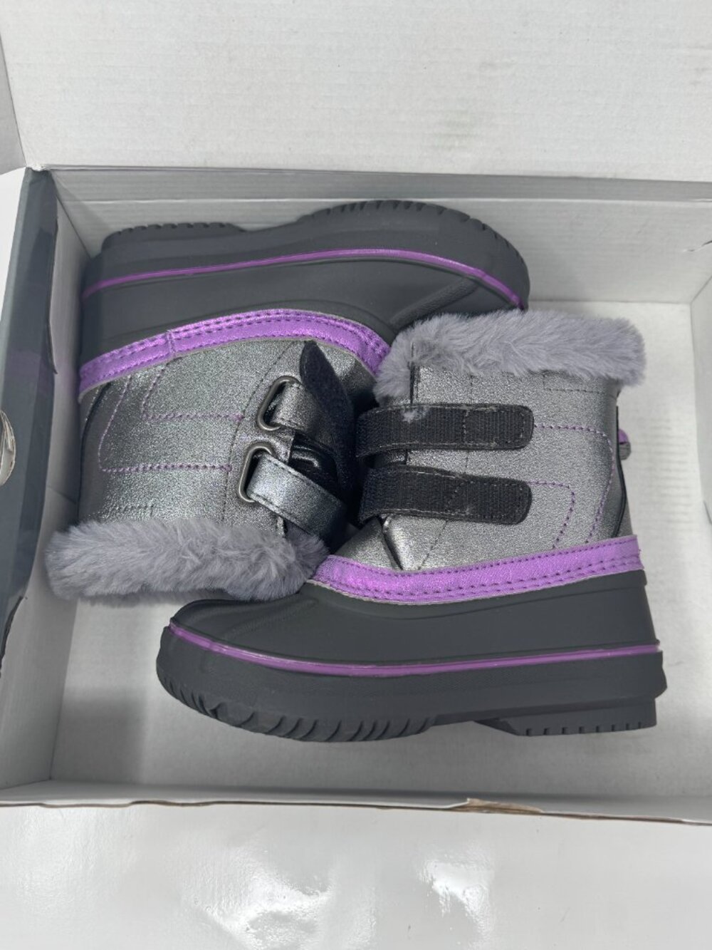 London Fog Totty Girls Silver Purple Faux Fur Snow Boots Size 10M With Box